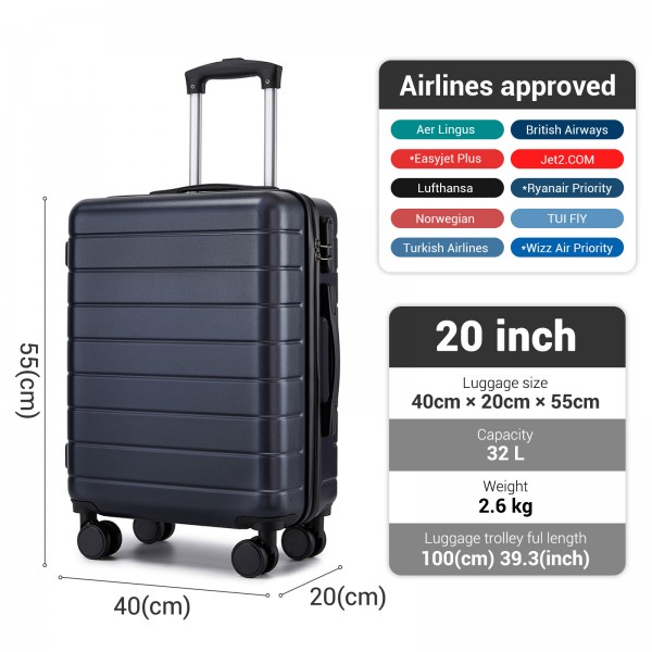 KSN2691 - 20 Zoll Handgepäckkoffer, leichter ABS-Hartschalenkoffer mit 360° lautlosen Rädern, Zahlenschloss und übersichtlichem Innenraum - Marineblau