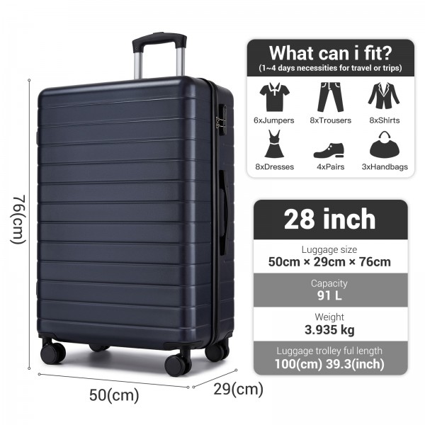 KSN2691 - 28 Zoll großer Reisegepäckkoffer, hochwertiger ABS-Hartschalenkoffer mit 360° lautlosen Rädern und sicherem Zahlenschloss - Marineblau