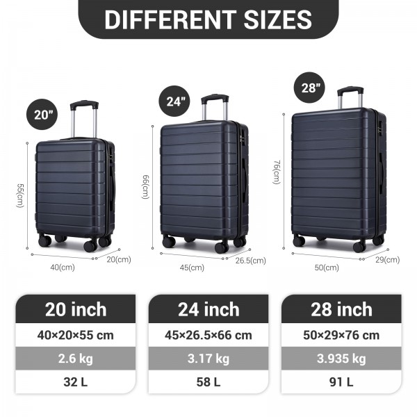 KSN2691 - 3‑teiliges Hartschalen-Kofferset (20/24/28 Zoll), leichte ABS-Koffer mit lautlosen Rädern und Zahlenschlössern - Marineblau