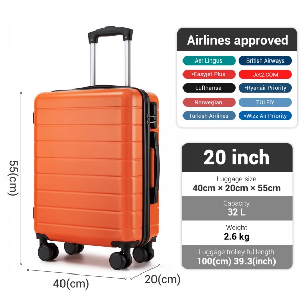 KSN2691 - 20 Zoll Handgepäckkoffer, leichter ABS-Hartschalenkoffer mit 360° lautlosen Rädern, Zahlenschloss und übersichtlichem Innenraum - Orange