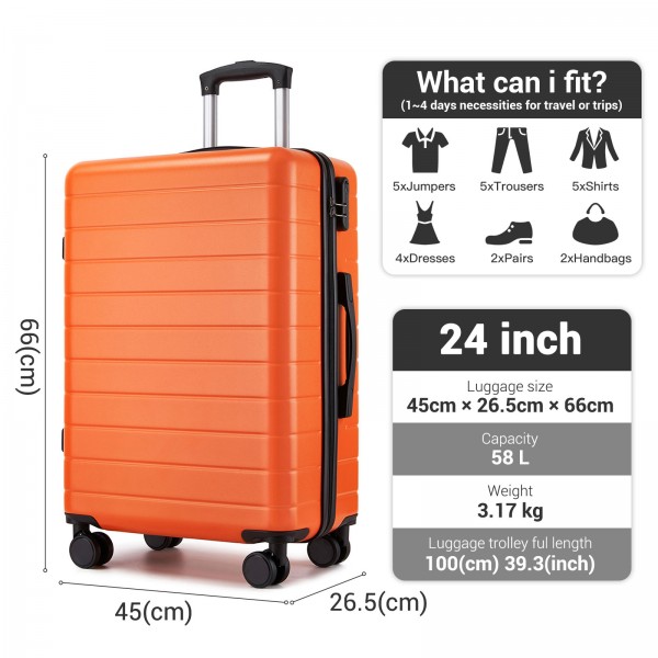 KSN2691 - 24 Zoll Reisegepäckkoffer, robuster ABS-Hartschalenkoffer mit 360° lautlosen Rollen und sicherem Zahlenschloss - Orange