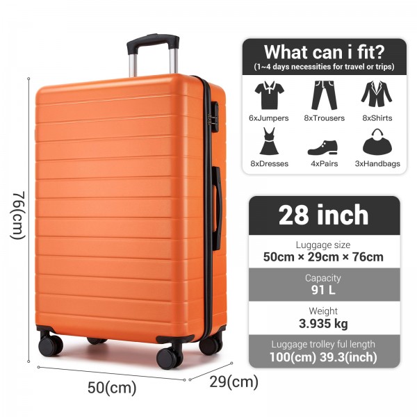 KSN2691 - 28 Zoll großer Reisegepäckkoffer, hochwertiger ABS-Hartschalenkoffer mit 360° lautlosen Rädern und sicherem Zahlenschloss - Orange