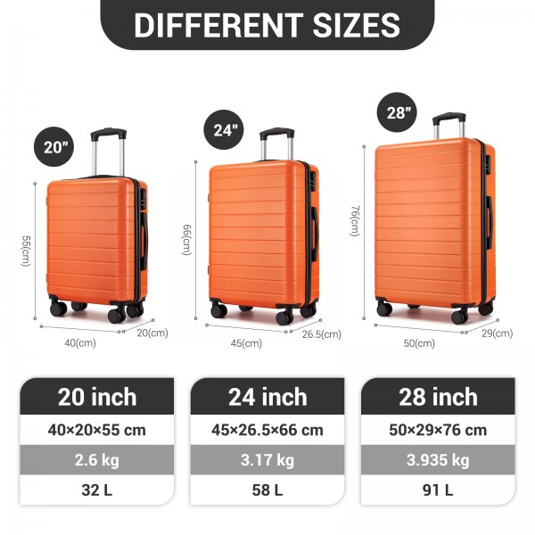 KSN2691 - 3‑teiliges Hartschalen-Kofferset (20/24/28 Zoll), leichte ABS-Koffer mit lautlosen Rädern und Zahlenschlössern - Orange