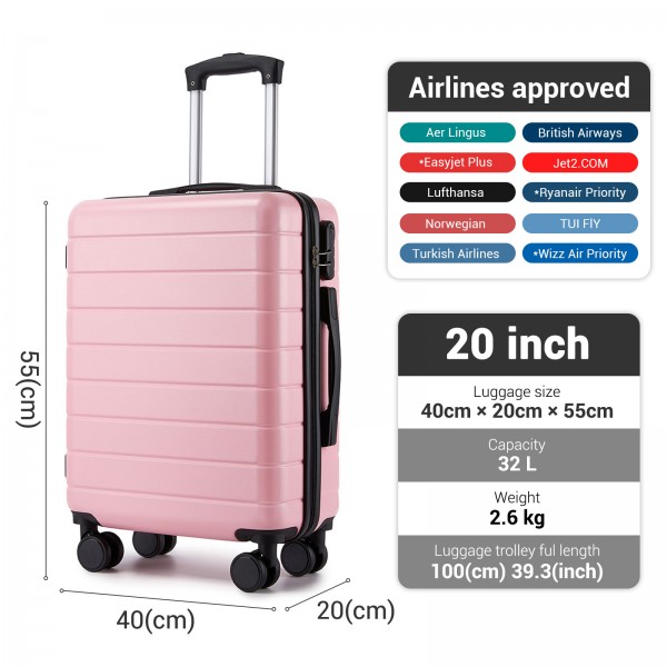 KSN2691 - 20 Zoll Handgepäckkoffer, leichter ABS-Hartschalenkoffer mit 360° lautlosen Rädern, Zahlenschloss und übersichtlichem Innenraum - Rosa