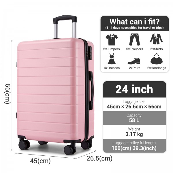 KSN2691 - 24 Zoll Reisegepäckkoffer, robuster ABS-Hartschalenkoffer mit 360° lautlosen Rollen und sicherem Zahlenschloss - Rosa