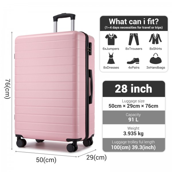 KSN2691 - 28 Zoll großer Reisegepäckkoffer, hochwertiger ABS-Hartschalenkoffer mit 360° lautlosen Rädern und sicherem Zahlenschloss - Rosa