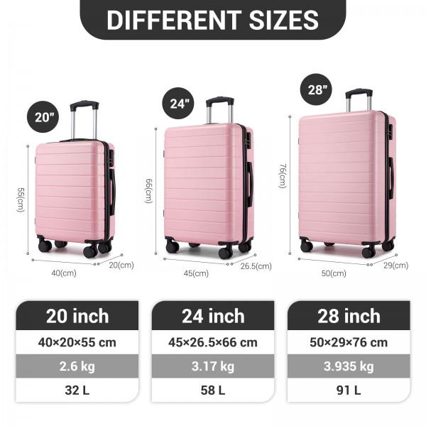 KSN2691 - 3‑teiliges Hartschalen-Kofferset (20/24/28 Zoll), leichte ABS-Koffer mit lautlosen Rädern und Zahlenschlössern - Rosa