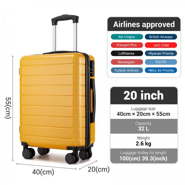 KSN2691 - 20 Zoll Handgepäckkoffer, leichter ABS-Hartschalenkoffer mit 360° lautlosen Rädern, Zahlenschloss und übersichtlichem Innenraum - Gelb