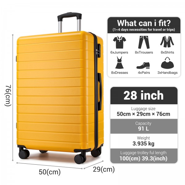 KSN2691 - 28 Zoll großer Reisegepäckkoffer, hochwertiger ABS-Hartschalenkoffer mit 360° lautlosen Rädern und sicherem Zahlenschloss - Gelb