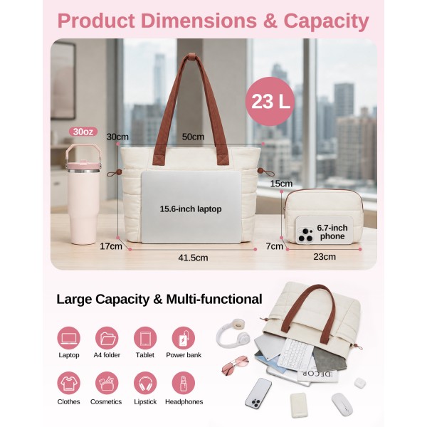TVN2621 - 2-Piece Women's Tote Bag Set, Water Repellent Handbag with Laptop Compartment for Commute Travel And Outings - Beige And Brown