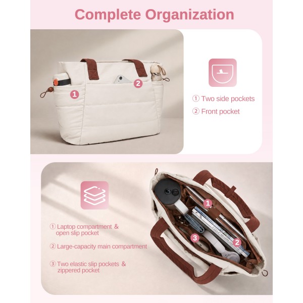 TVN2621 - 2-Piece Women's Tote Bag Set, Water Repellent Handbag with Laptop Compartment for Commute Travel And Outings - Beige And Brown