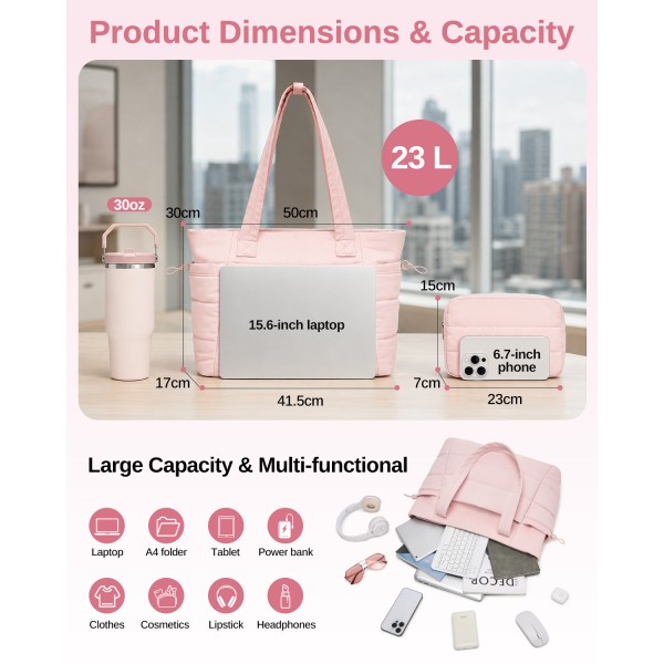TVN2621 - 2-Piece Women's Tote Bag Set, Water Repellent Handbag with Laptop Compartment for Commute Travel And Outings - Pink