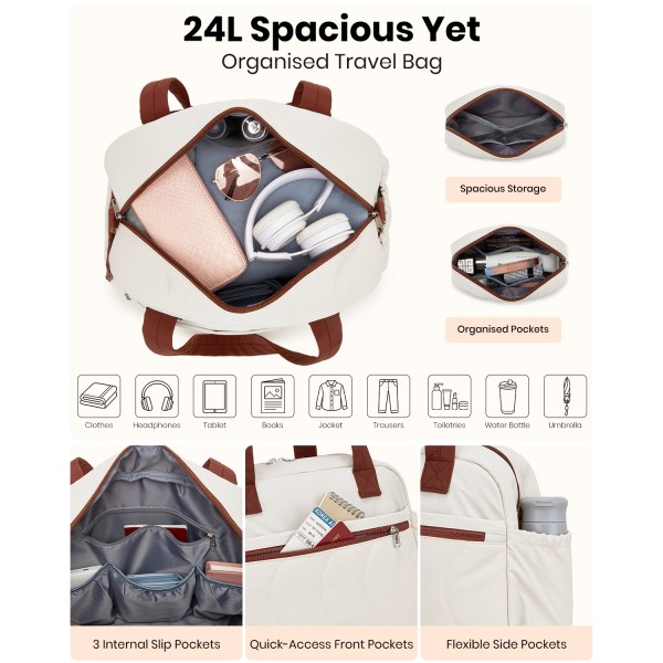 TVN2622 - 24L Lightweight Quilted Women’s Travel Bag Set with Shoe Compartment for Gym Maternity Commute - Beige And Brown