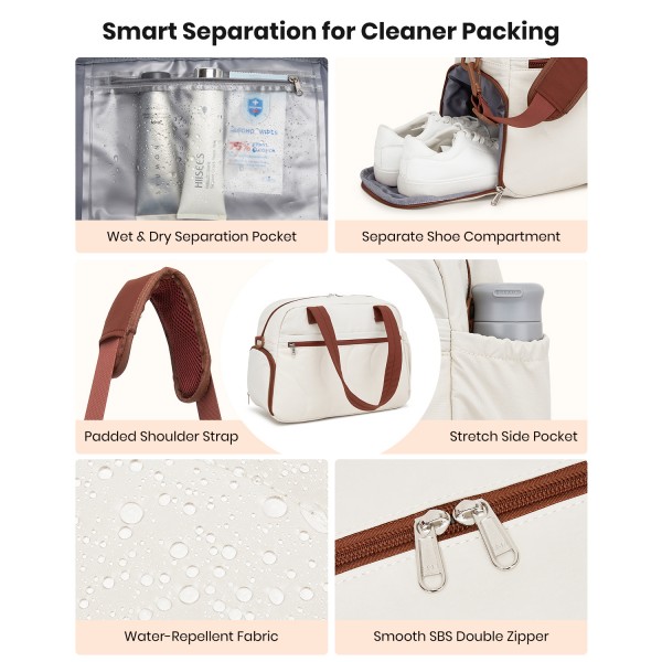 TVN2622 - 24L Lightweight Quilted Women’s Travel Bag Set with Shoe Compartment for Gym Maternity Commute - Beige And Brown