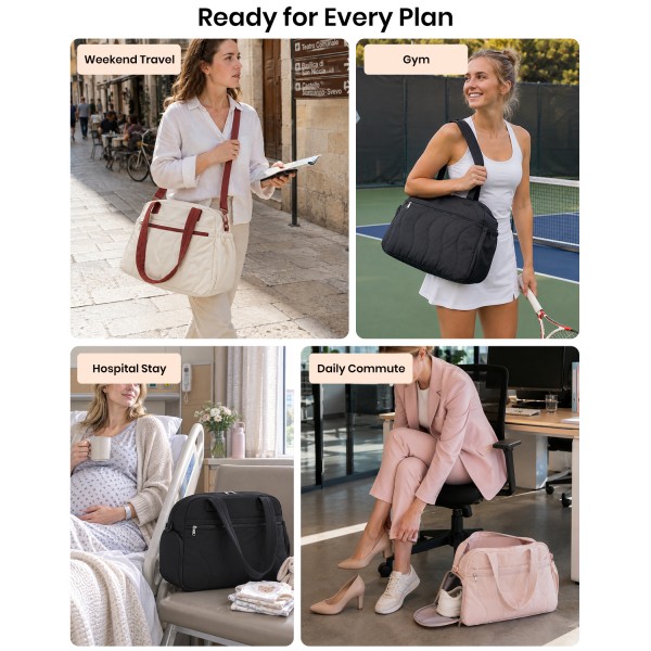 TVN2622 - 24L Lightweight Quilted Women’s Travel Bag Set with Shoe Compartment for Gym Maternity Commute - Beige And Brown
