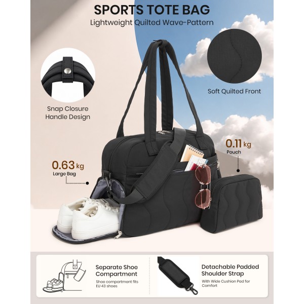 TVN2622 - 24L Lightweight Quilted Women’s Travel Bag Set with Shoe Compartment for Gym Maternity Commute - Black