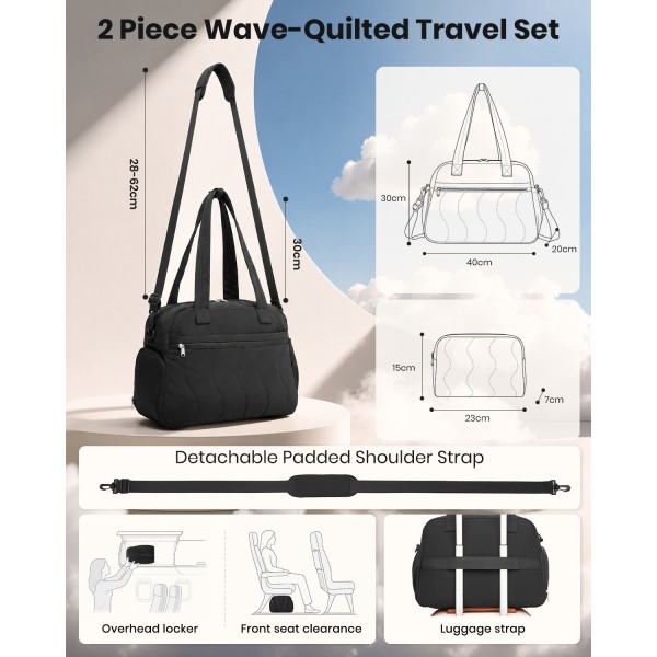 TVN2622 - 24L Lightweight Quilted Women’s Travel Bag Set with Shoe Compartment for Gym Maternity Commute - Black