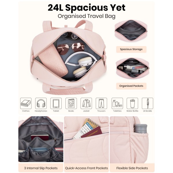 TVN2622 - 24L Lightweight Quilted Women’s Travel Bag Set with Shoe Compartment for Gym Maternity Commute - Pink