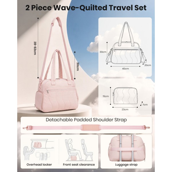 TVN2622 - 24L Lightweight Quilted Women’s Travel Bag Set with Shoe Compartment for Gym Maternity Commute - Pink