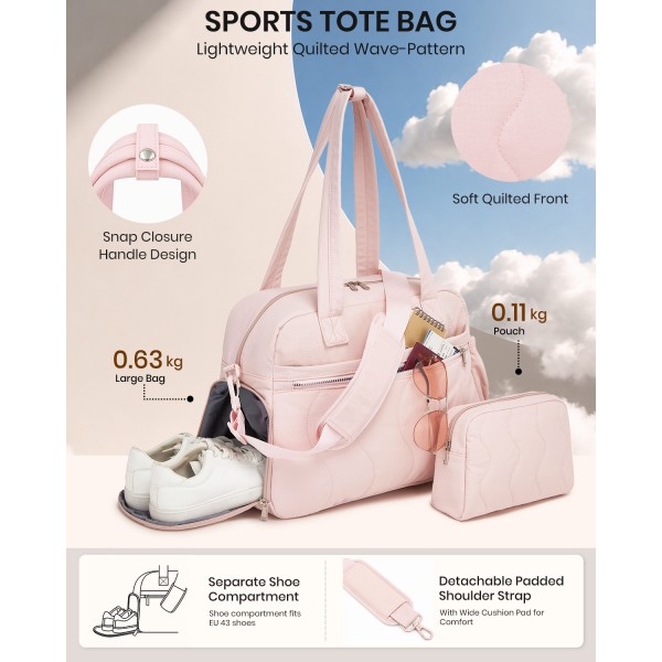 TVN2622 - 24L Lightweight Quilted Women’s Travel Bag Set with Shoe Compartment for Gym Maternity Commute - Pink